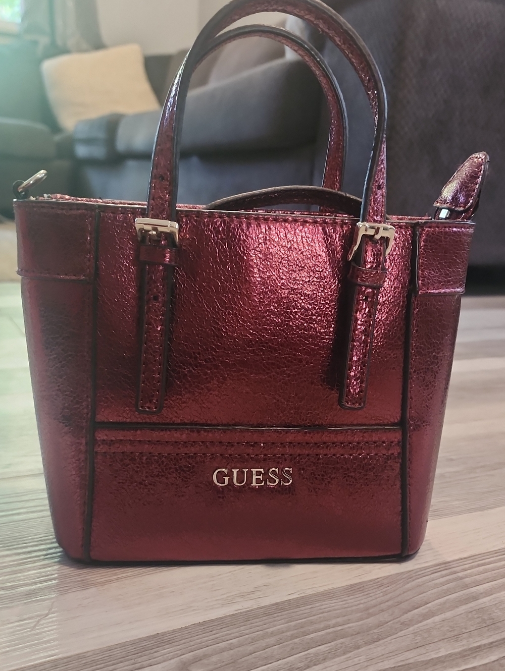 Guess Metallic Burgundy Mini Tote Bag
